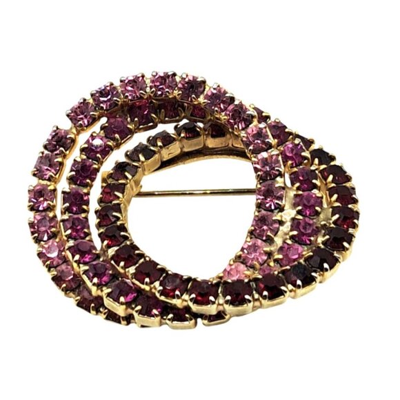Vintage Rhinestone Jewelry Set Pink Red Gold Tone Brooch & Clip-On Earrings Infi - Picture 6 of 12